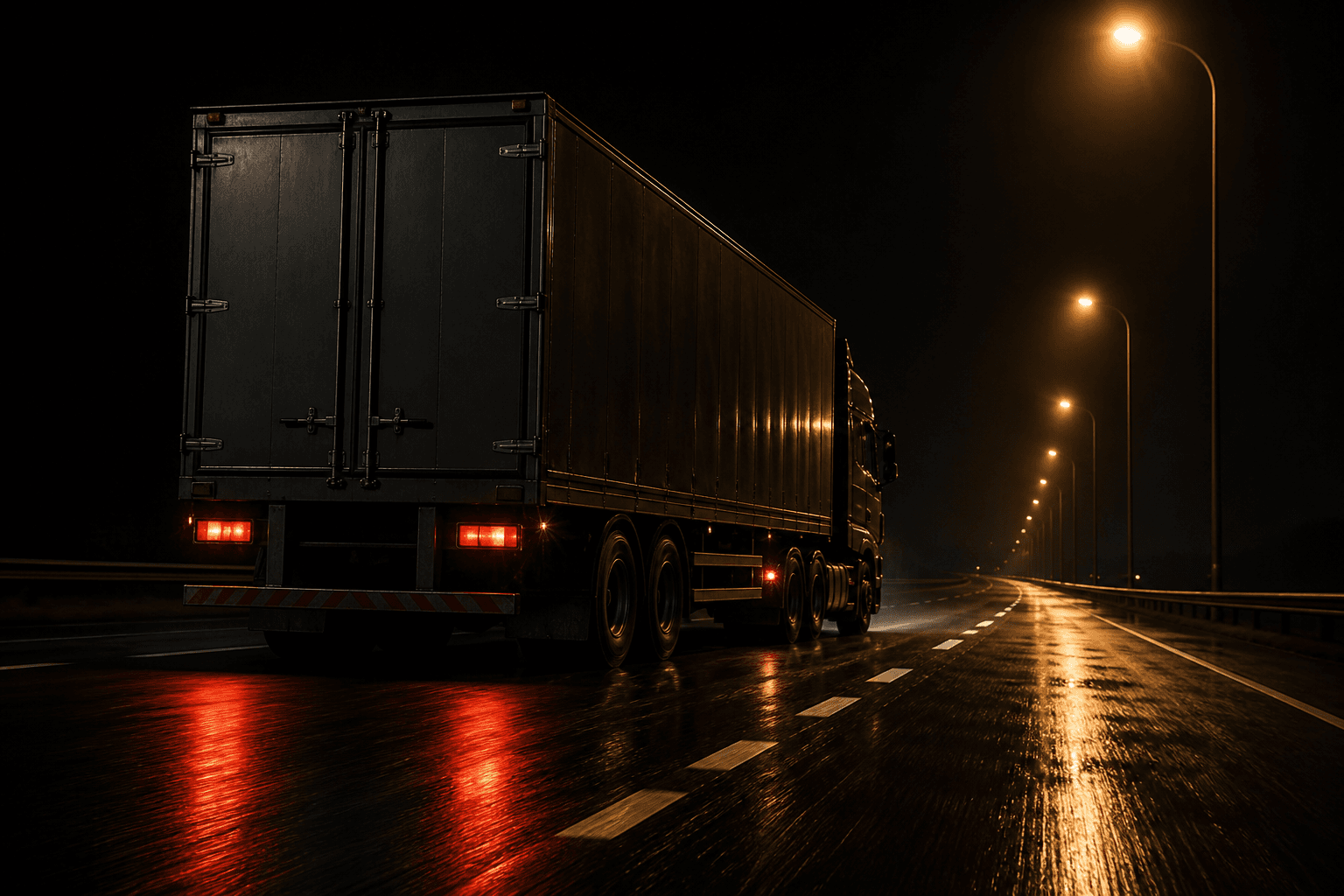 Long-haul truck on a dark highway at night